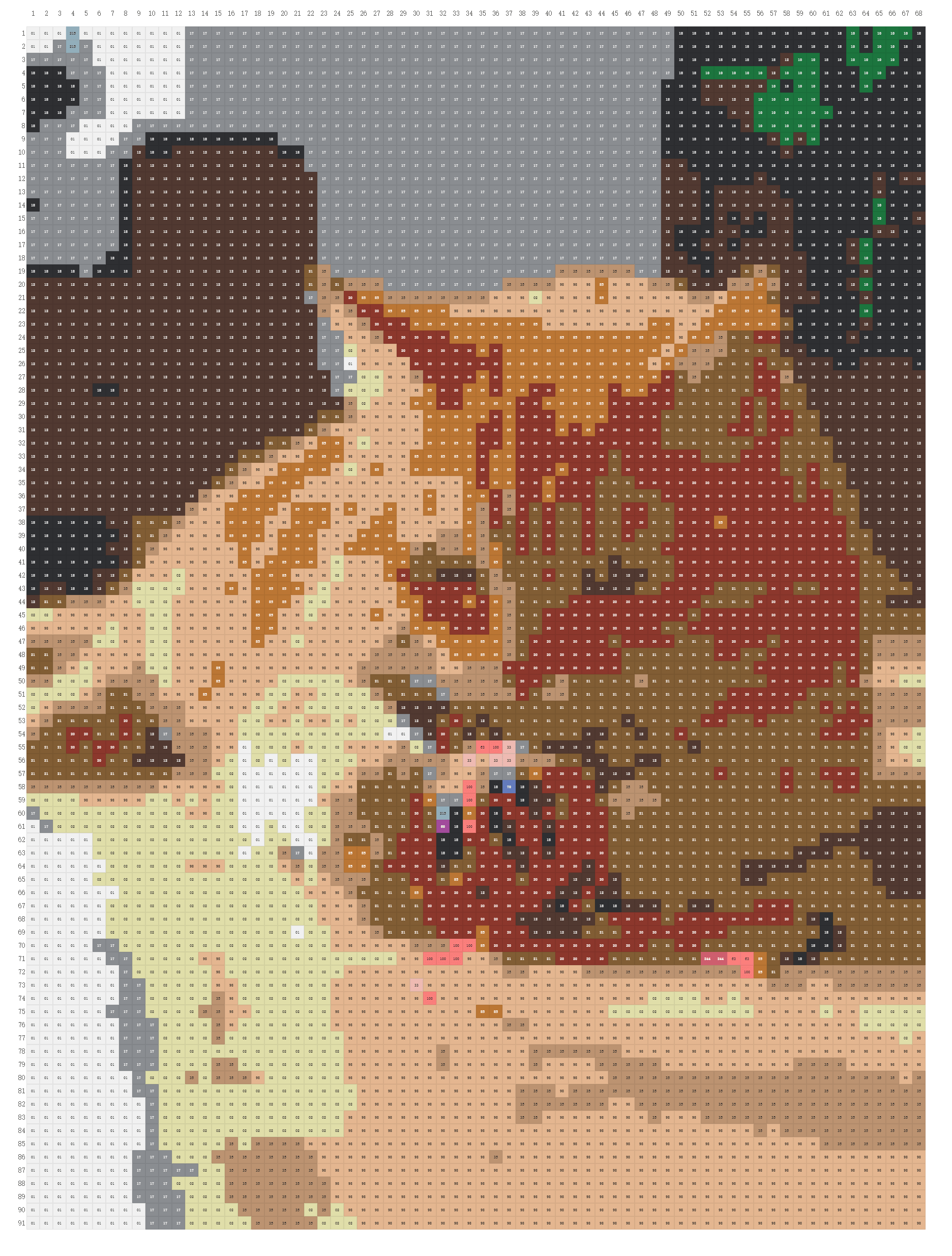 Printable color chart with Perler codes