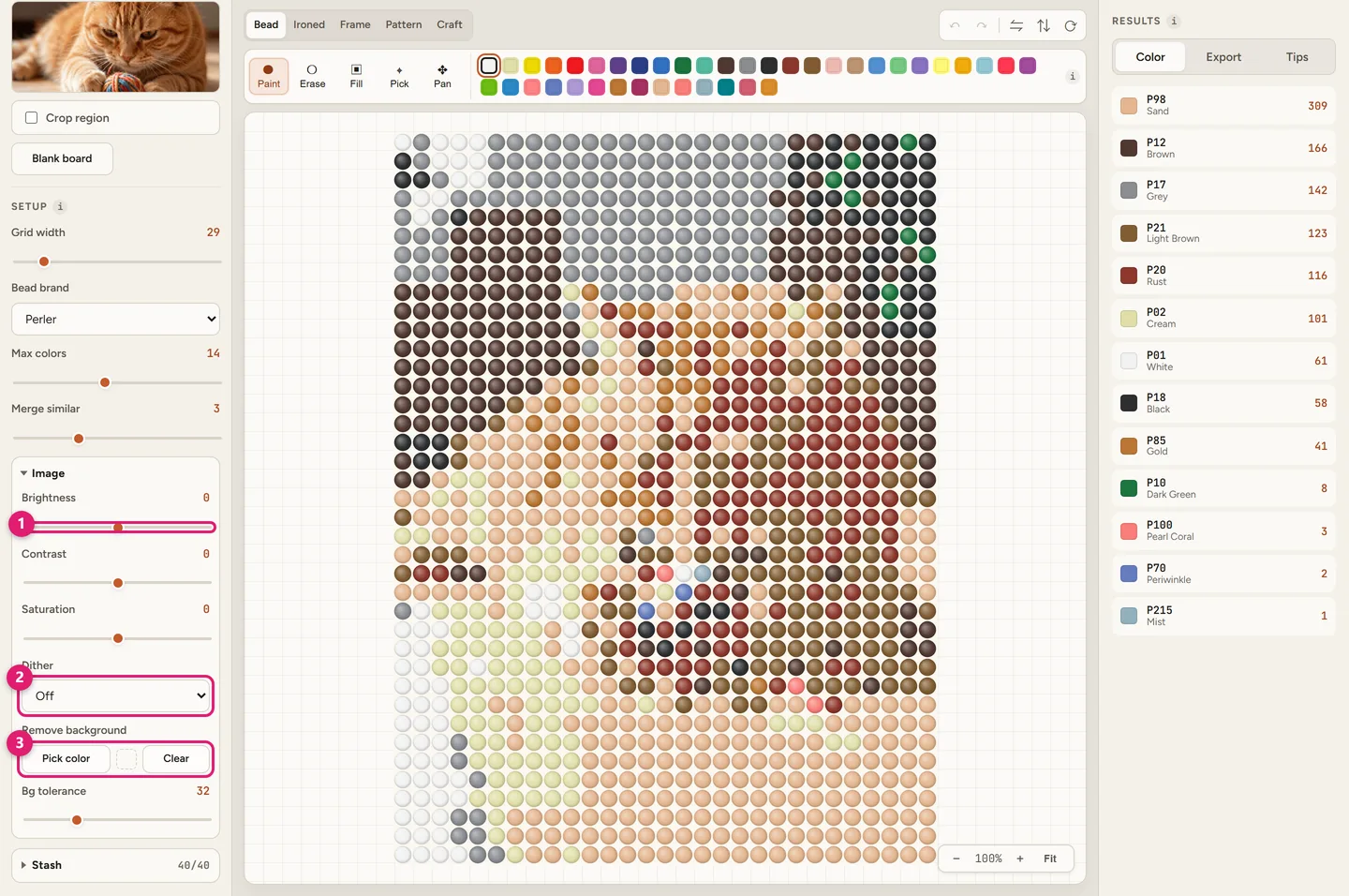 Beadful Studio image controls: brightness, contrast, saturation sliders, dither dropdown and remove background color picker