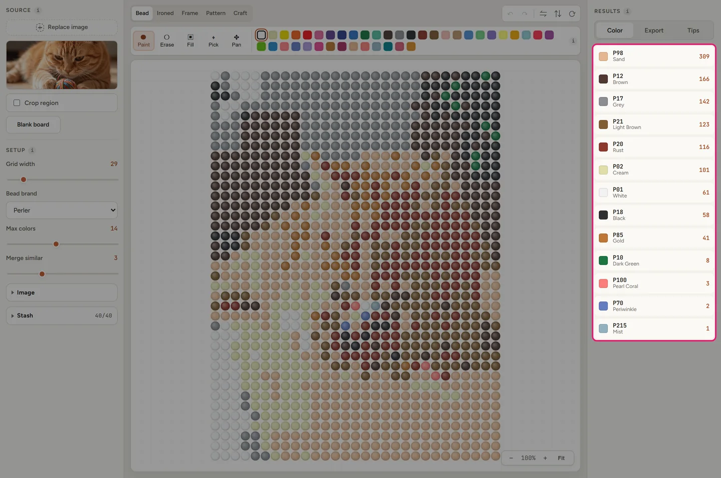 Beadful Studio results panel showing the per-color bead list with brand codes and bead counts