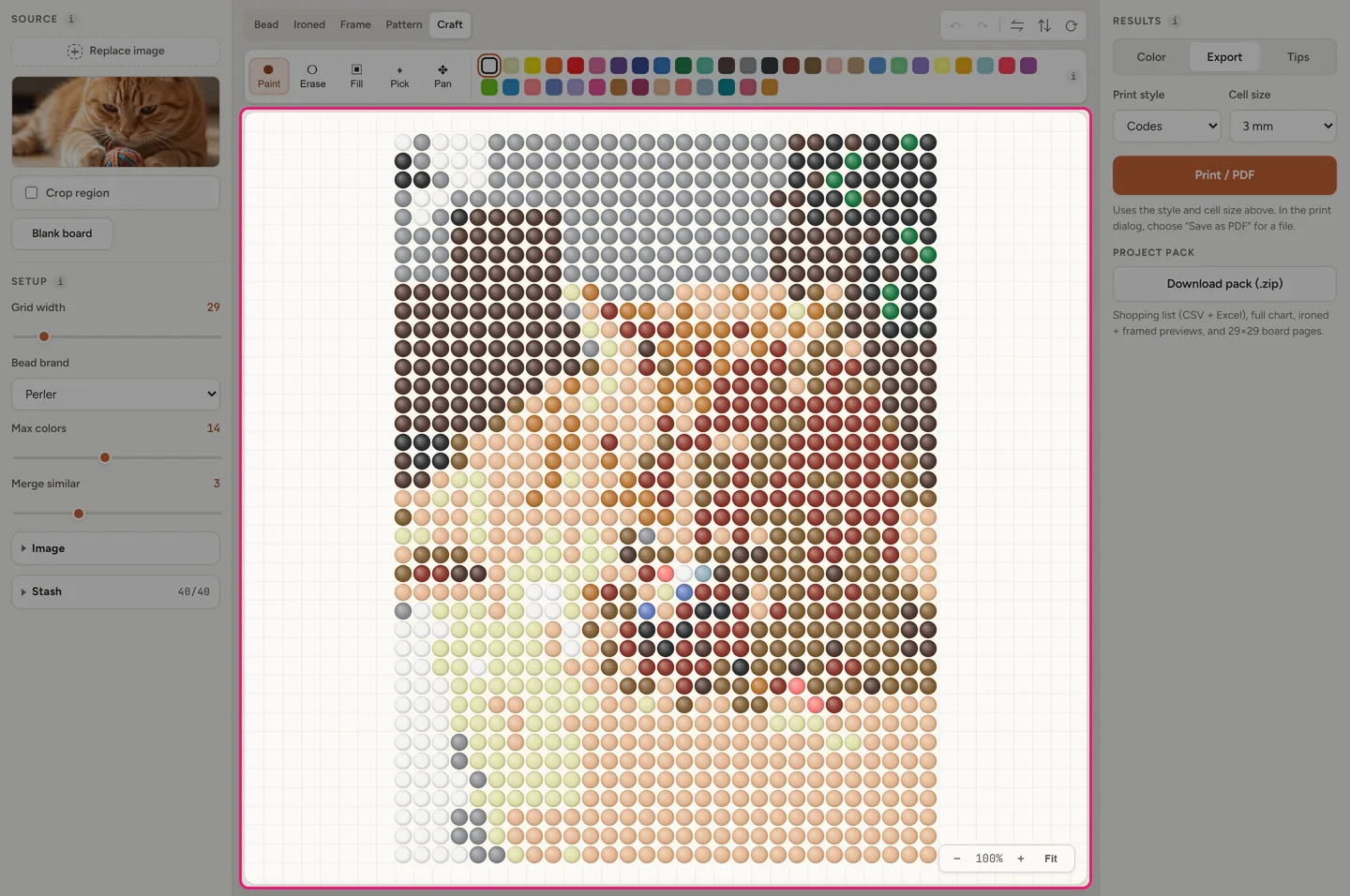 Beadful Studio craft mode with beads marked off on the canvas as they are placed
