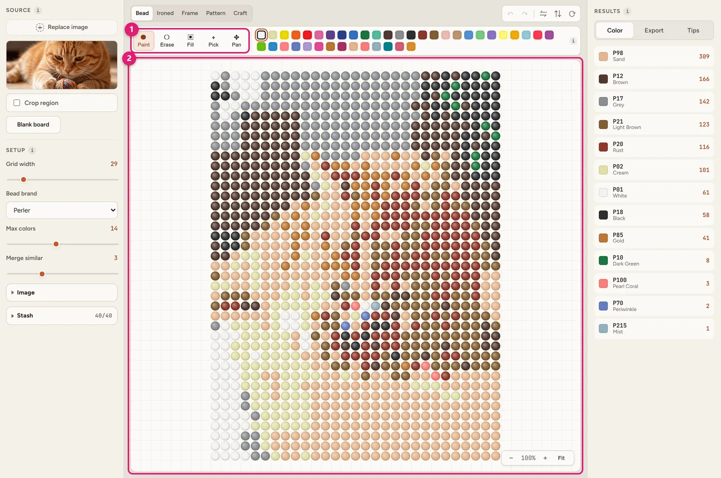 Beadful Studio canvas in bead view with the paint, erase, fill, pick and pan tools and a color swatch row