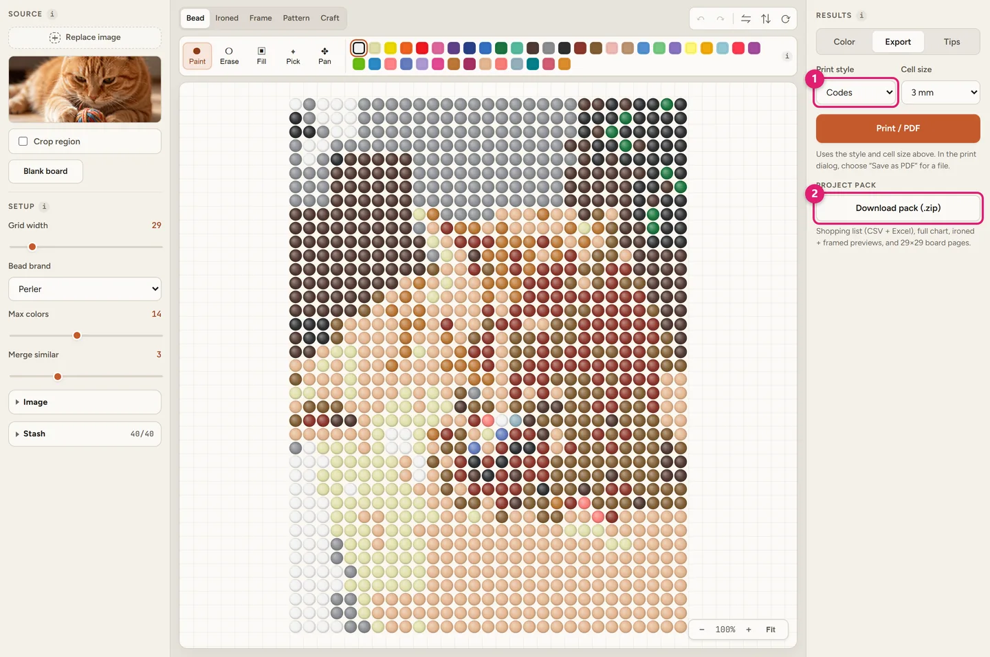 Beadful Studio export tab with print style and cell size options, Print / PDF button and Download pack zip button