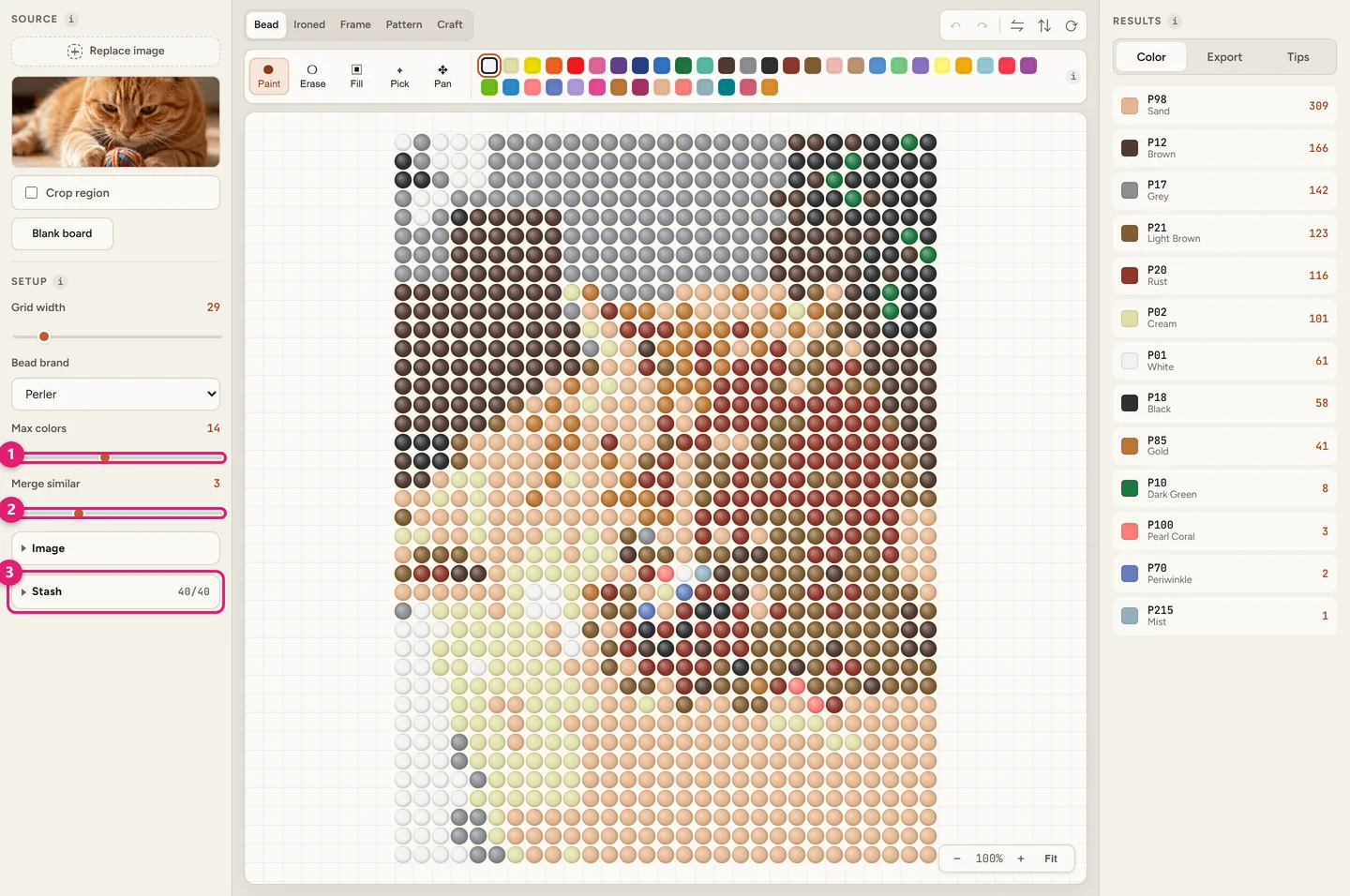 Beadful Studio setup panel with max colors and merge similar sliders plus the stash color picker