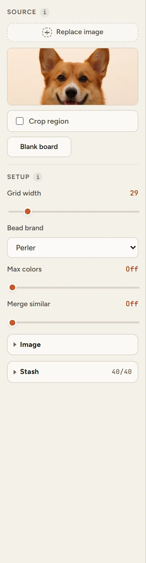 Beadful Studio setup panel with the grid width slider at 29, the bead brand dropdown set to Perler, and the max colors slider turned off