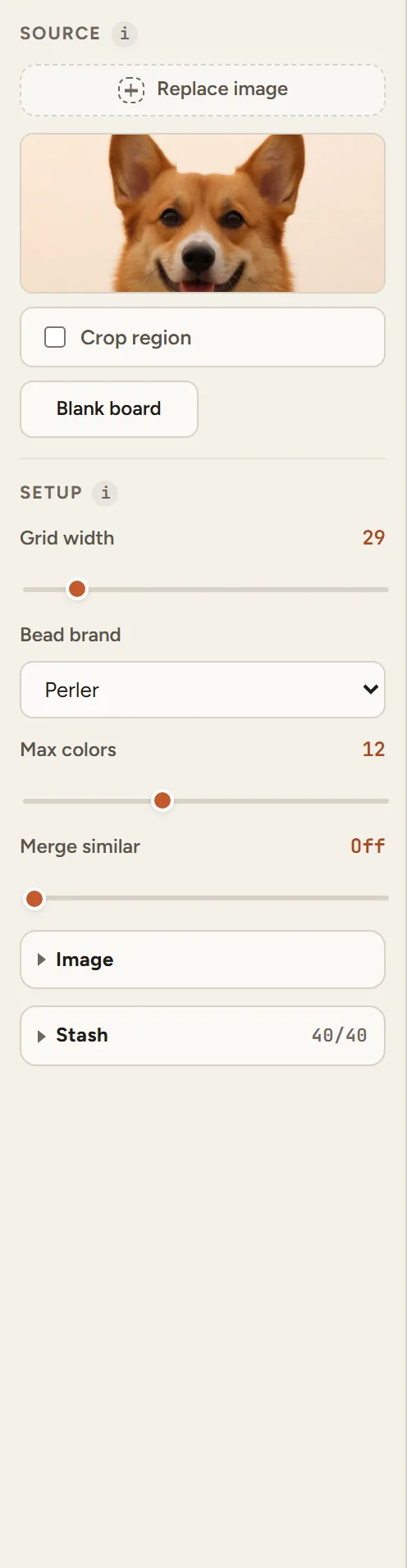 Beadful Studio setup panel with the max colors slider set to 12 and merge similar turned off