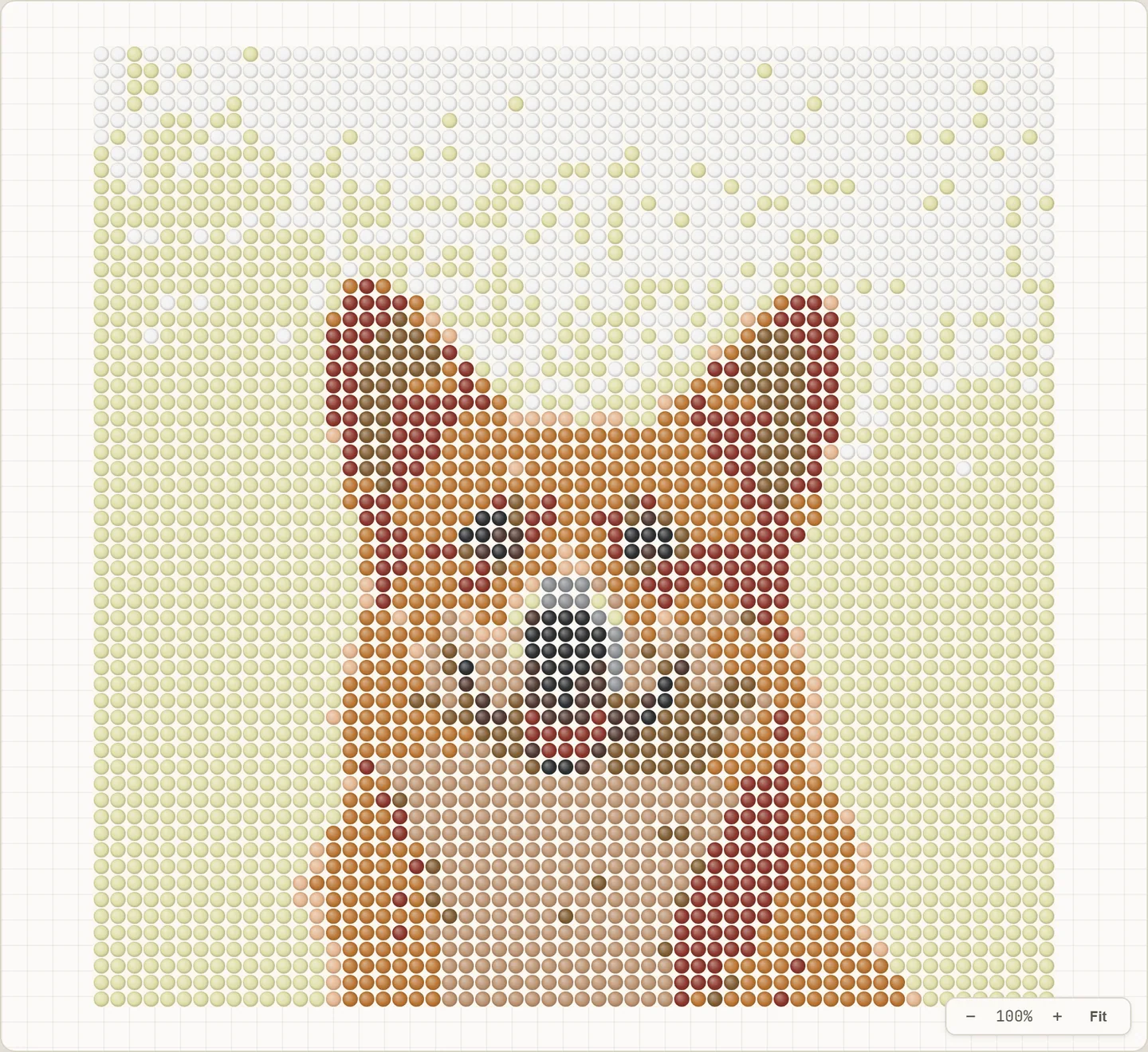A Perler bead pattern rendered on a 58 by 58 grid, showing much finer detail in the fur of a corgi than the one-board version