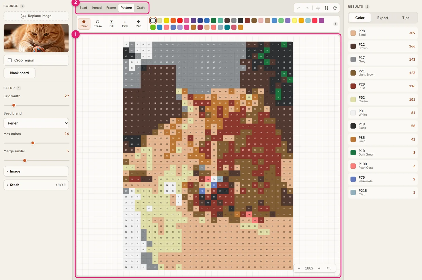 Beadful Studio pattern view showing a printable Perler bead chart grid with color codes in each cell and a color legend