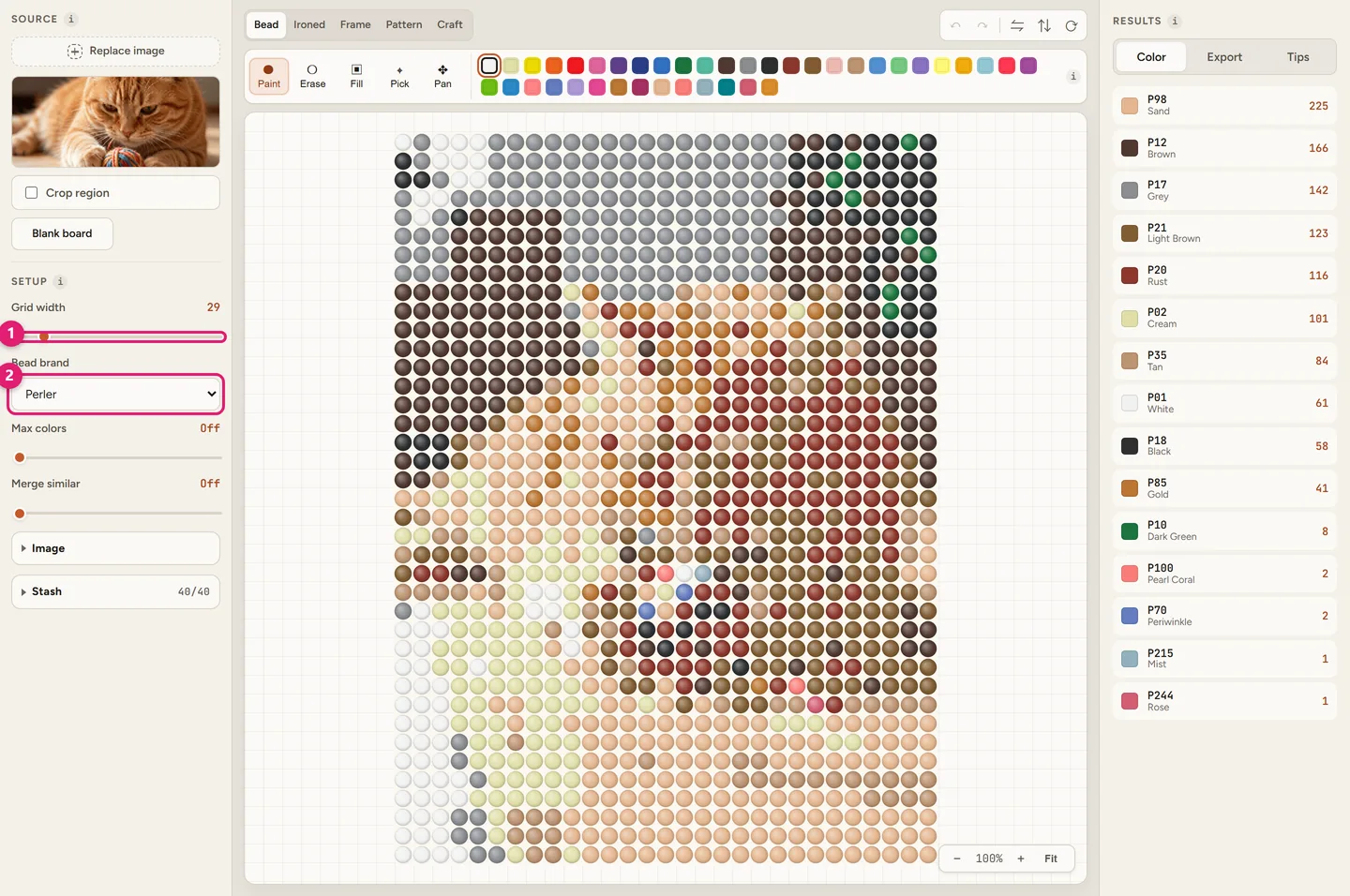 Beadful Studio setup panel with the grid width slider and the bead brand dropdown set to Perler