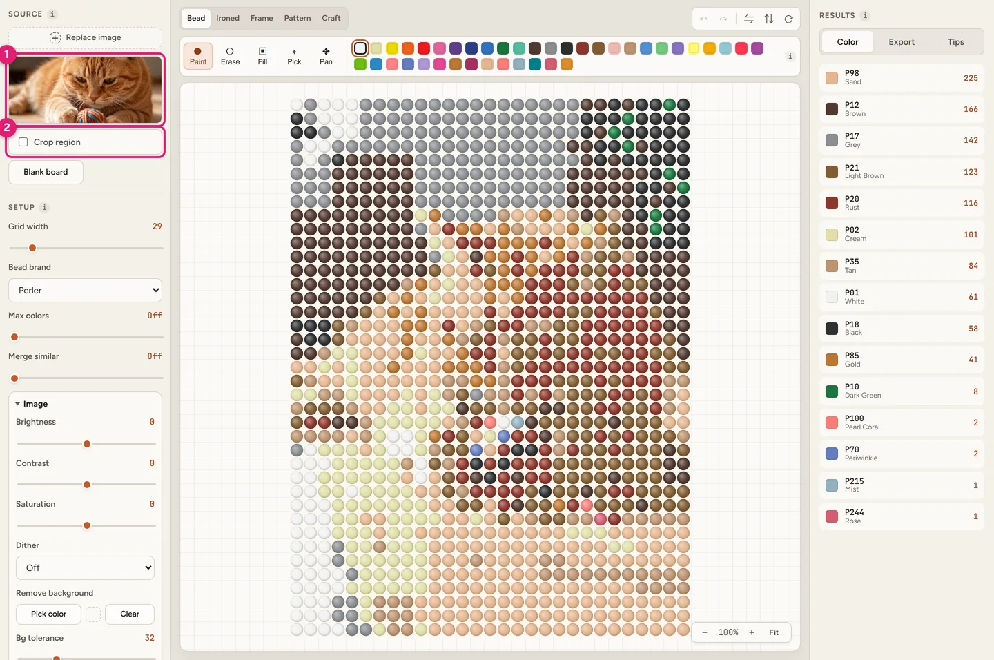 Beadful Studio source panel after uploading a photo, showing the image thumbnail and the crop region toggle
