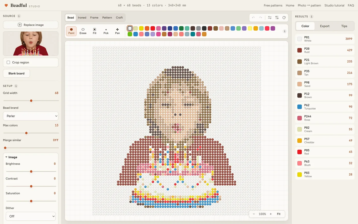 The Beadful Studio bead grid view showing the birthday 10 pattern at 68 by 68, with the source photo and color panel visible