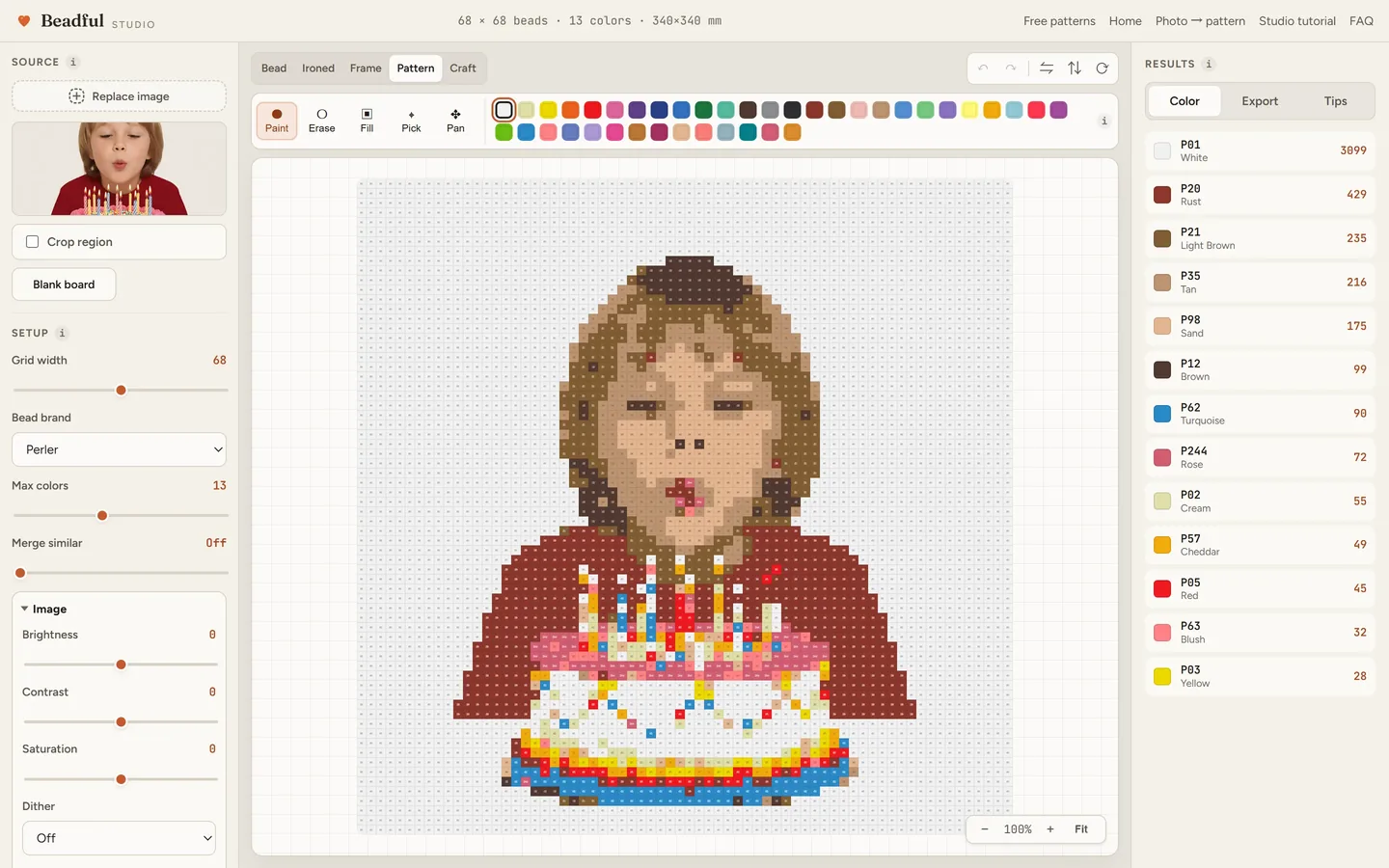 The Beadful Studio pattern chart view showing the birthday 10 chart with color codes in every cell