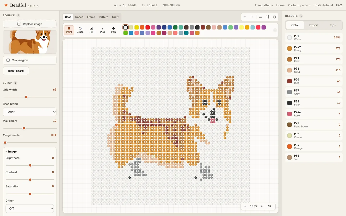 The Beadful Studio bead grid view showing the corgi walk pattern at 60 by 60, with the source photo and color panel visible