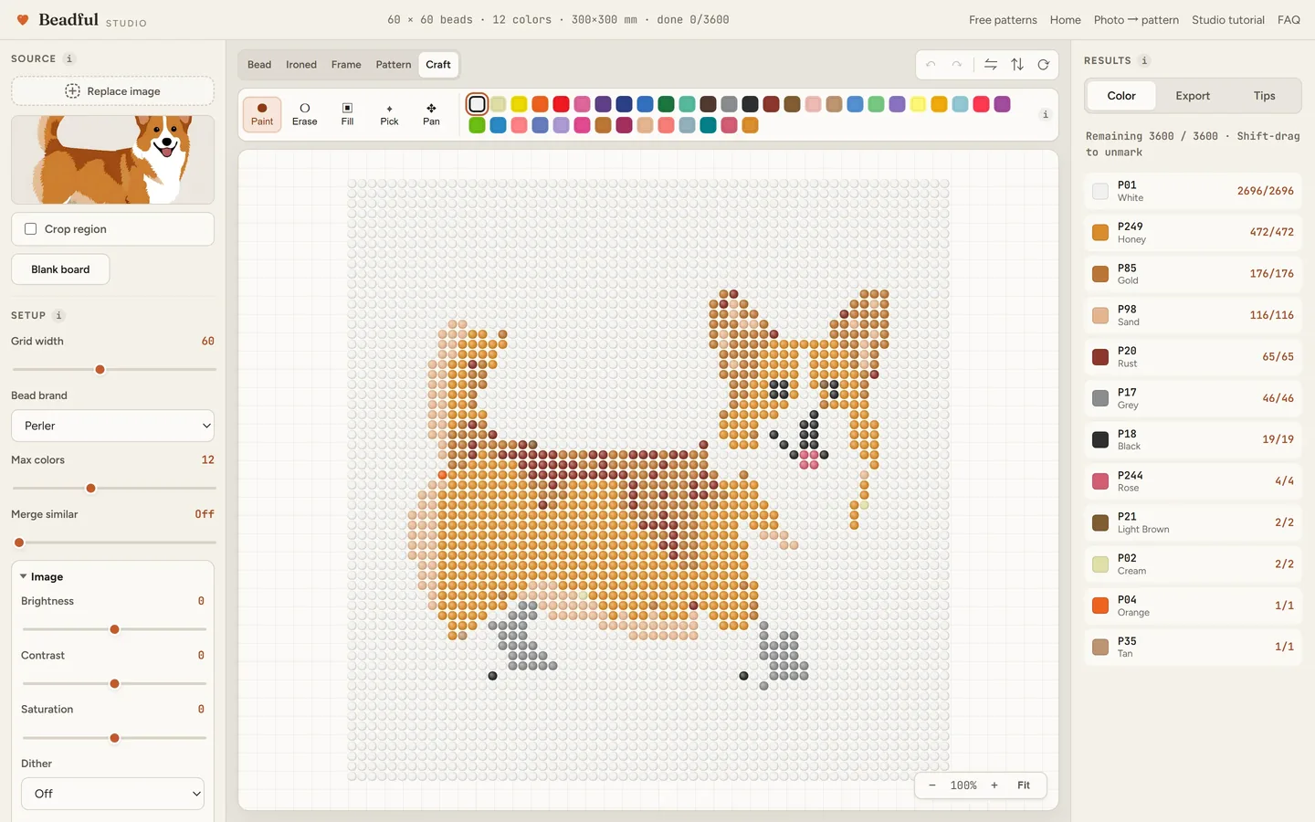 The Beadful Studio craft mode showing the corgi walk pattern with check-off tracking as you place beads