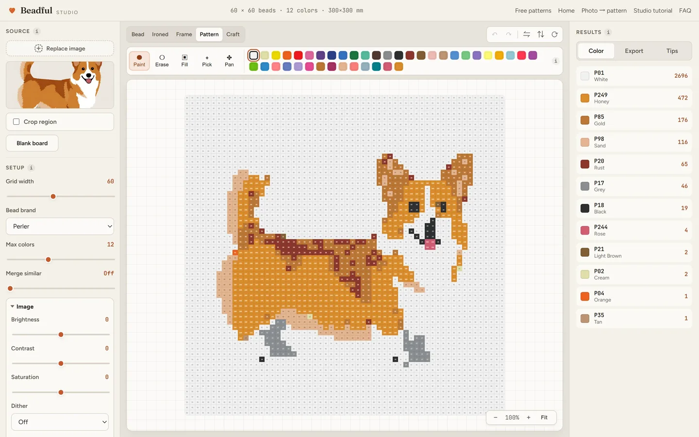 The Beadful Studio pattern chart view showing the corgi walk chart with color codes in every cell