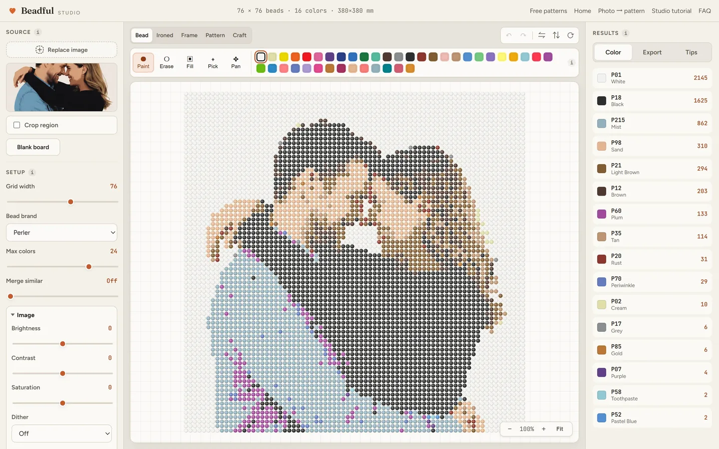 The Beadful Studio bead grid view showing the couple hug pattern at 76 by 76, with the source photo and color panel visible