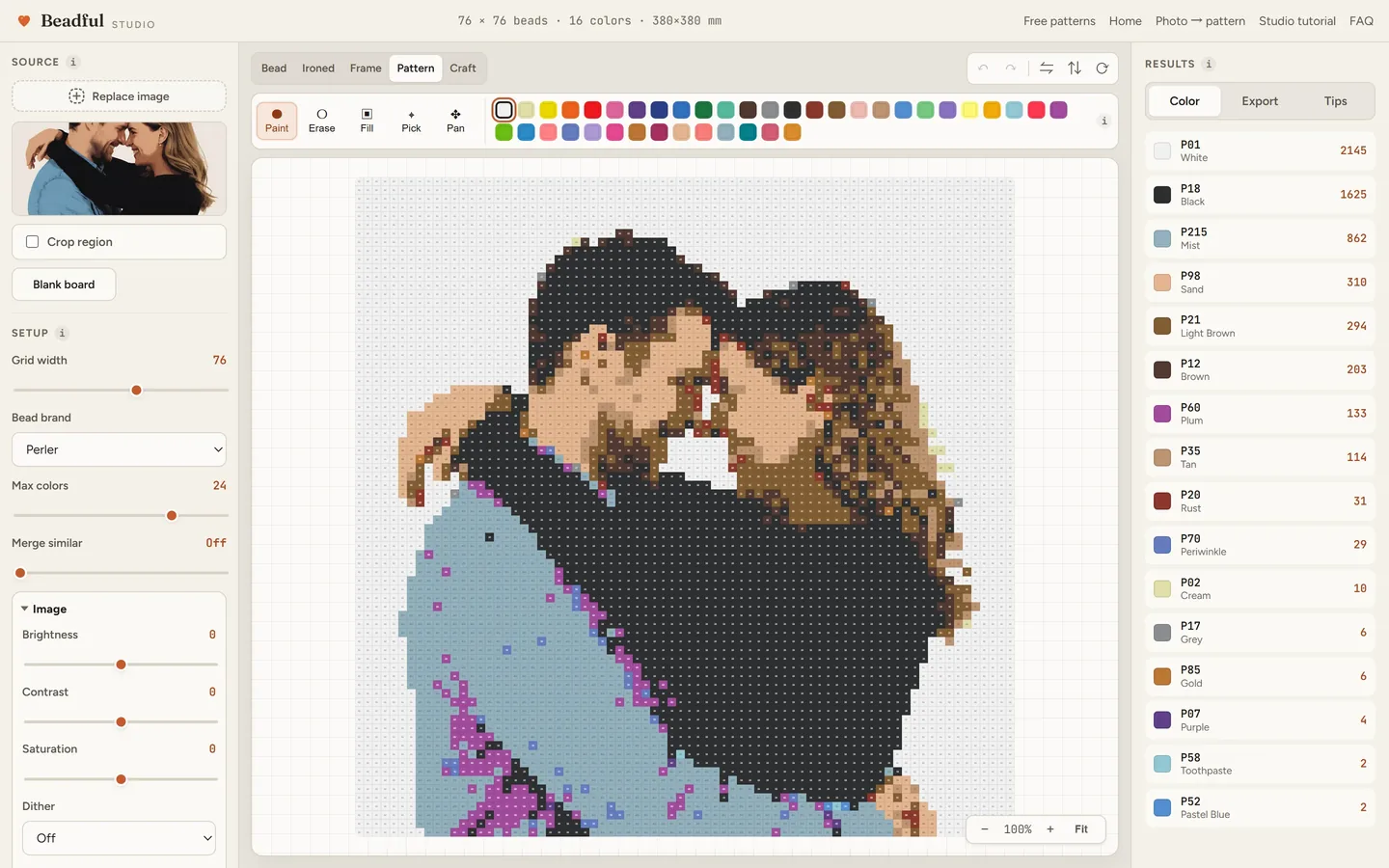 The Beadful Studio pattern chart view showing the couple hug chart with color codes in every cell