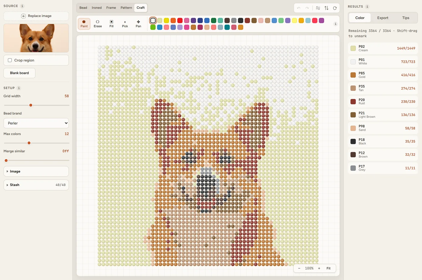 Beadful Studio Craft view showing a bead pattern grid with placed beads marked off one by one