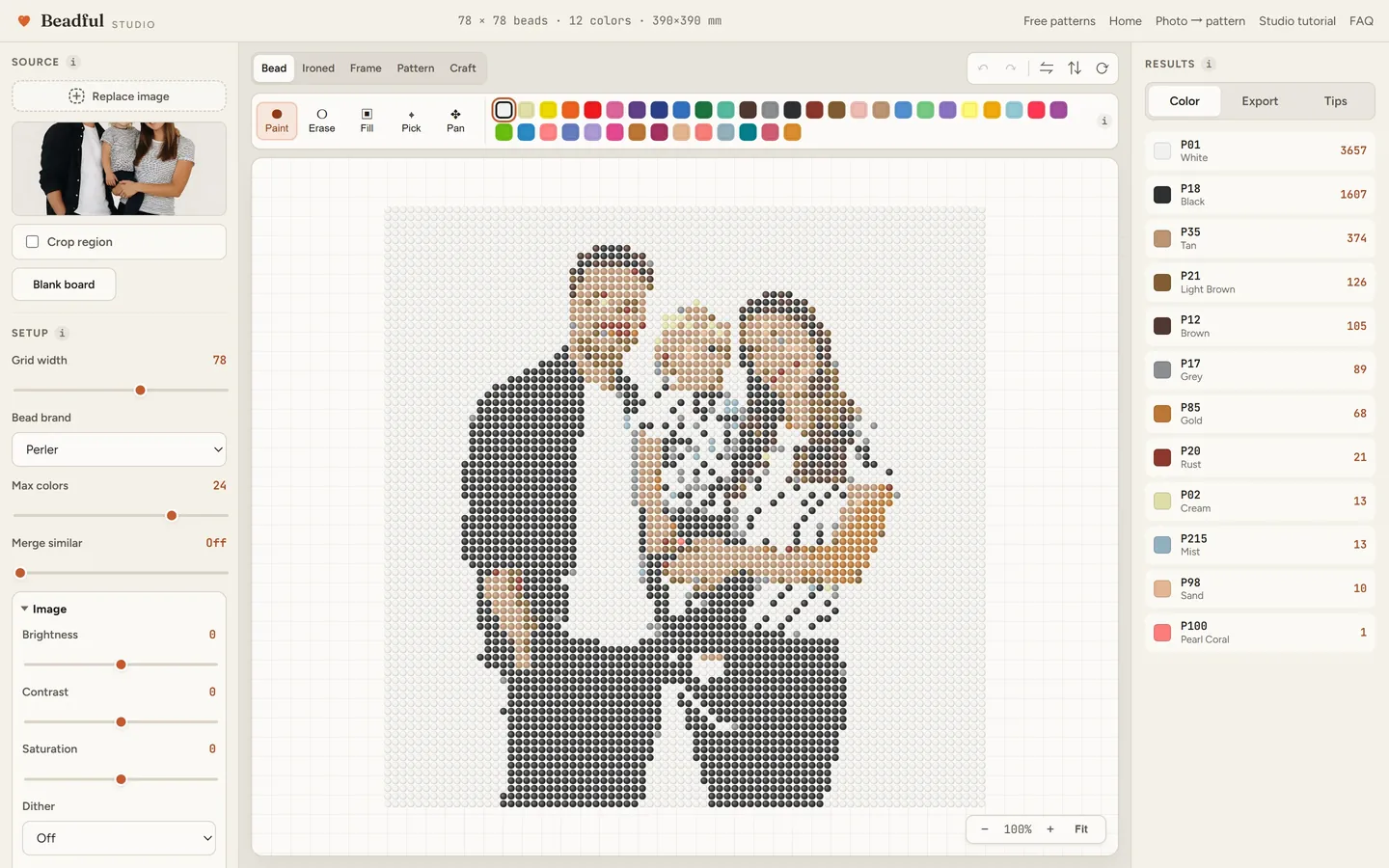 The Beadful Studio bead grid view showing the family of three pattern at 78 by 78, with the source photo and color panel visible
