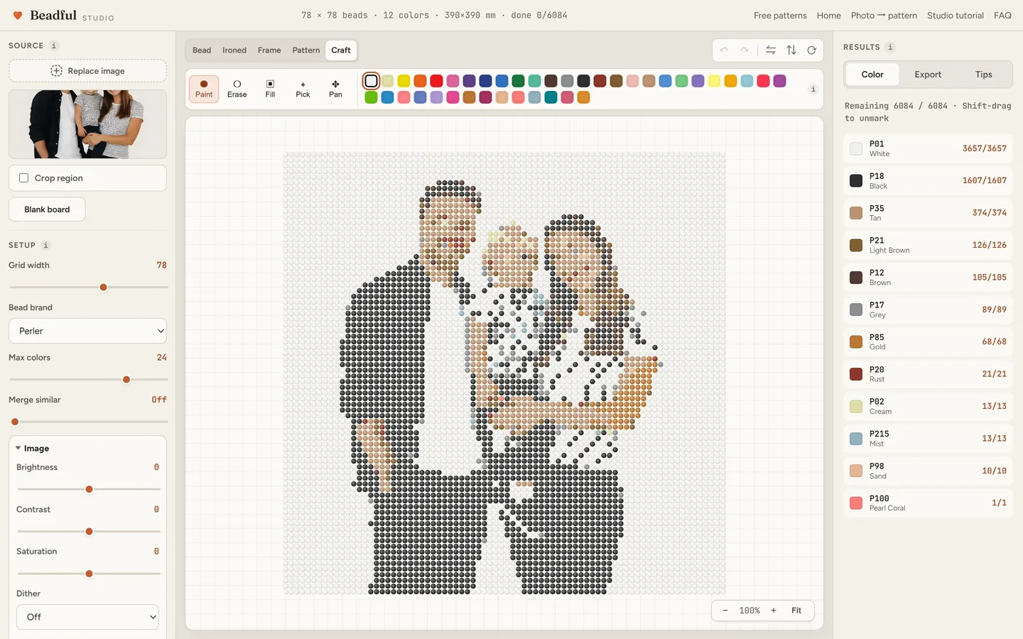 The Beadful Studio craft mode showing the family of three pattern with check-off tracking as you place beads
