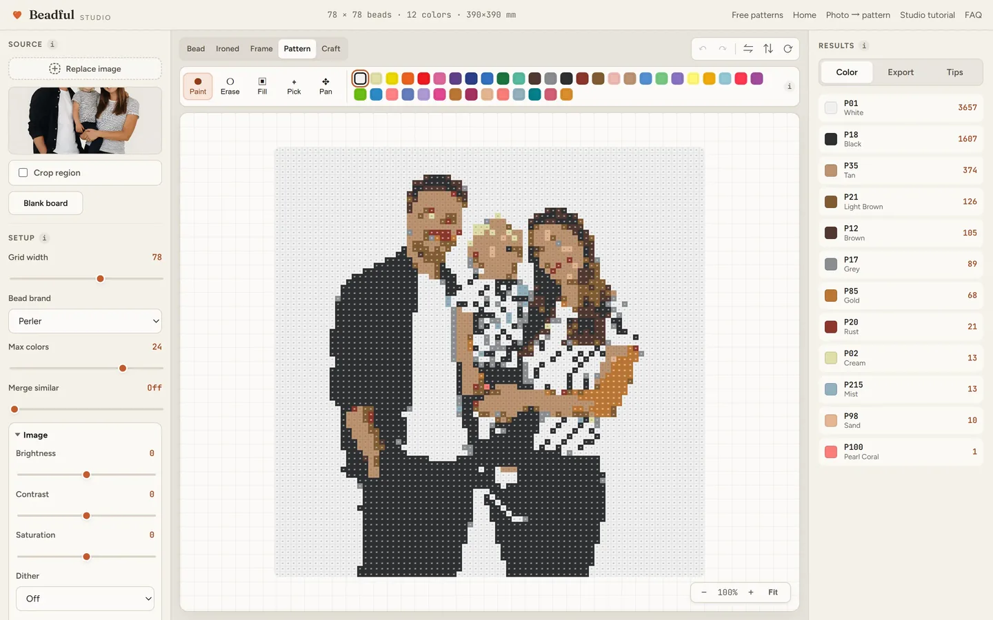 The Beadful Studio pattern chart view showing the family of three chart with color codes in every cell