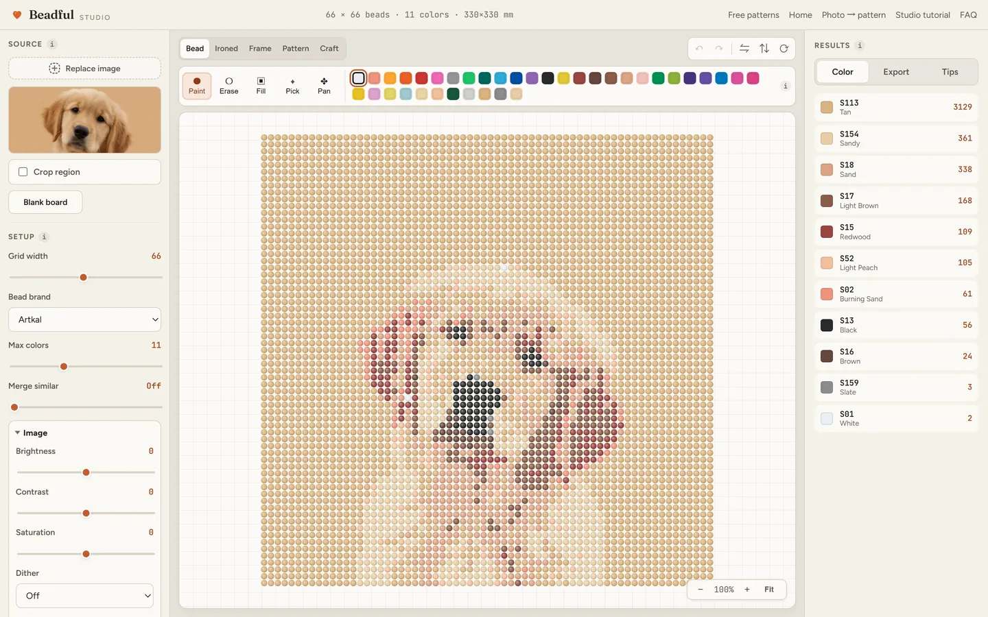 The Beadful Studio bead grid view showing the golden puppy pattern at 66 by 66, with the source photo and color panel visible