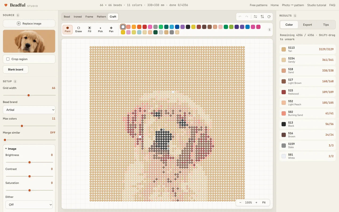 The Beadful Studio craft mode showing the golden puppy pattern with check-off tracking as you place beads