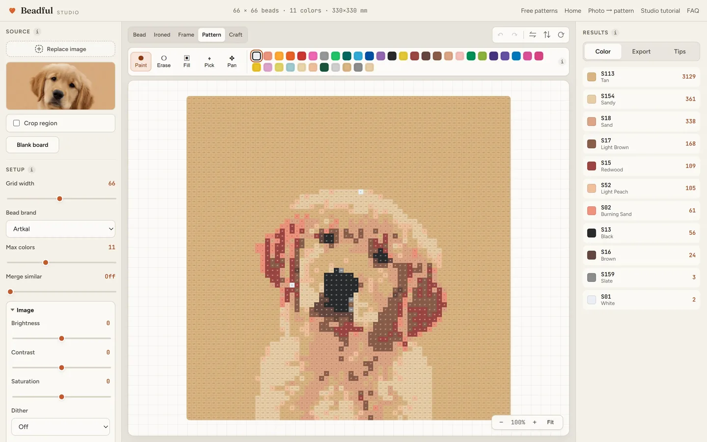 The Beadful Studio pattern chart view showing the golden puppy chart with color codes in every cell
