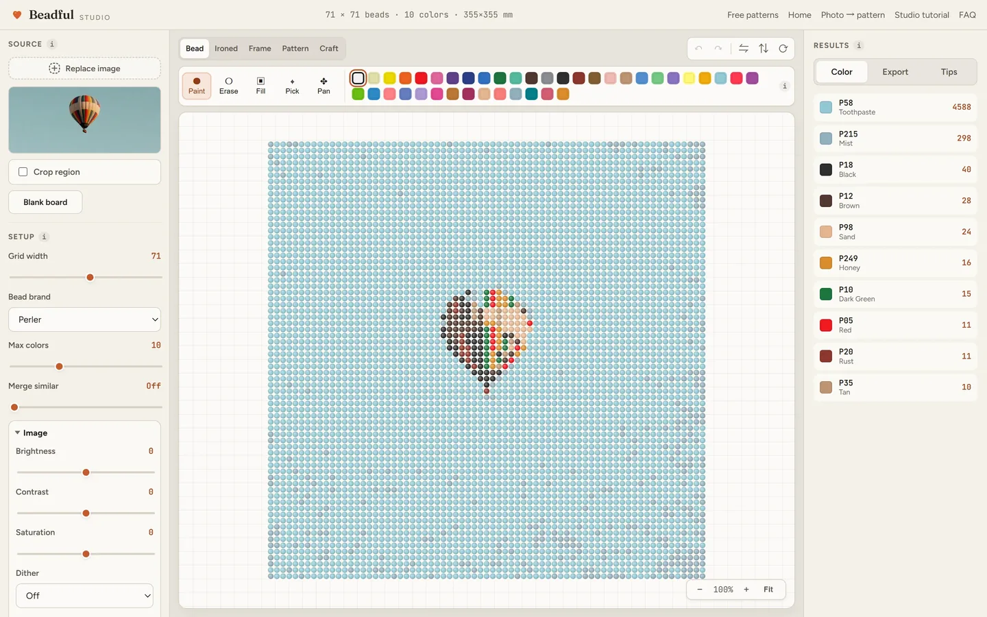 The Beadful Studio bead grid view showing the hot air balloon pattern at 71 by 71, with the source photo and color panel visible