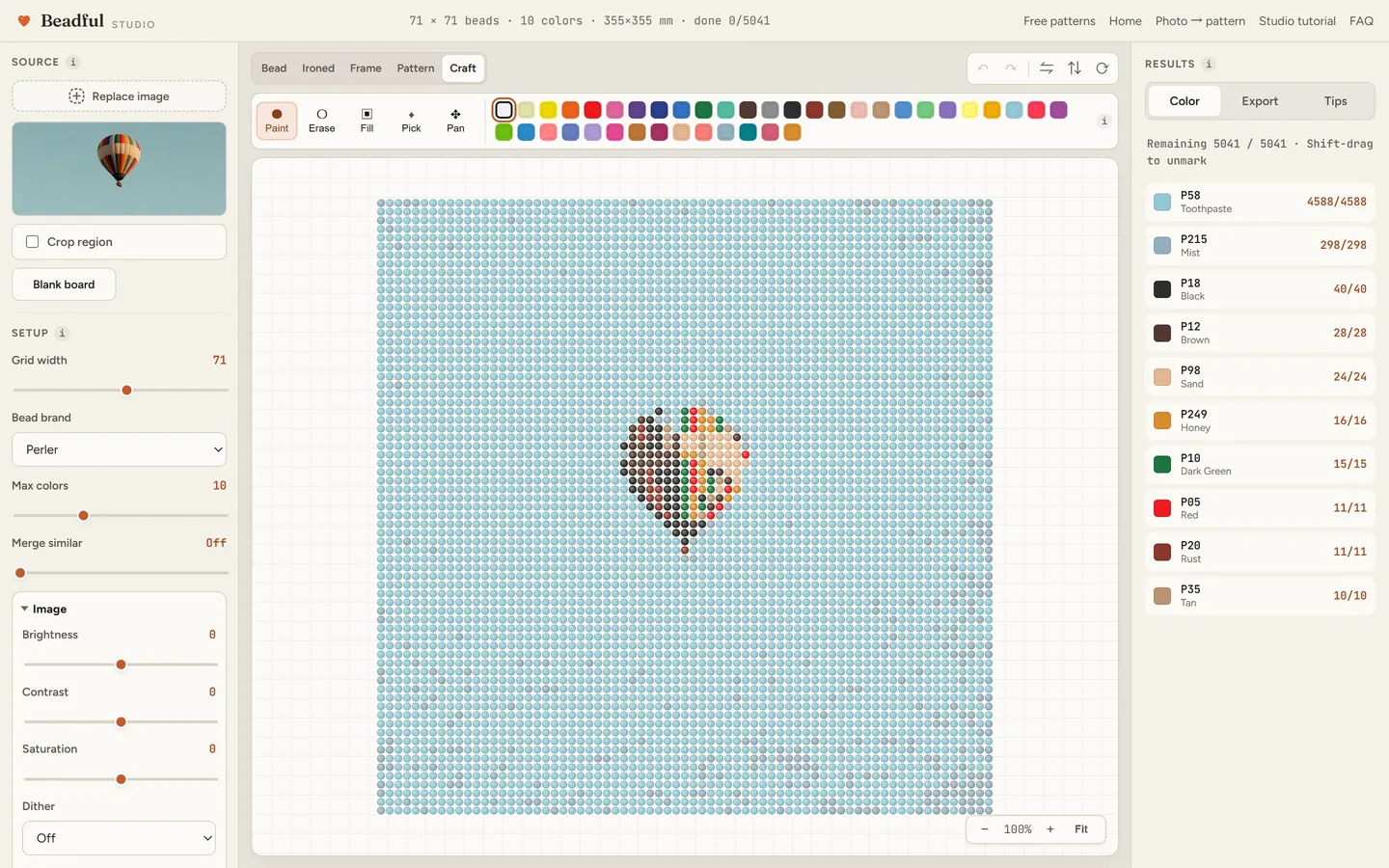 The Beadful Studio craft mode showing the hot air balloon pattern with check-off tracking as you place beads
