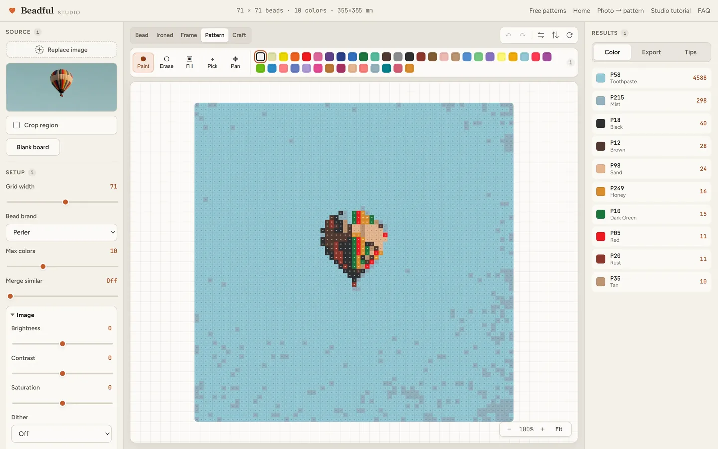 The Beadful Studio pattern chart view showing the hot air balloon chart with color codes in every cell