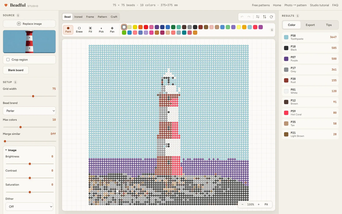 The Beadful Studio bead grid view showing the lighthouse coast pattern at 75 by 75, with the source photo and color panel visible
