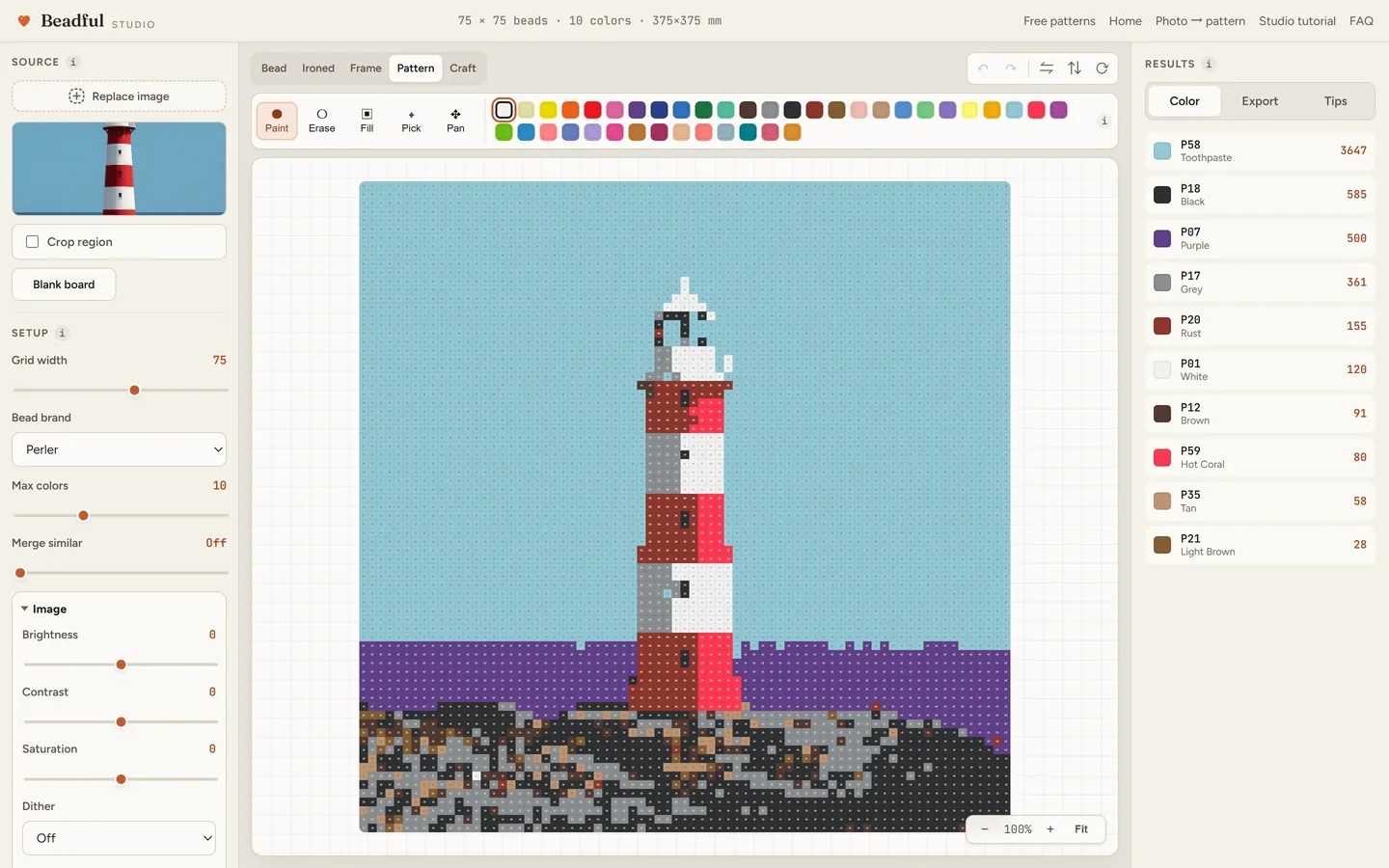 The Beadful Studio pattern chart view showing the lighthouse coast chart with color codes in every cell