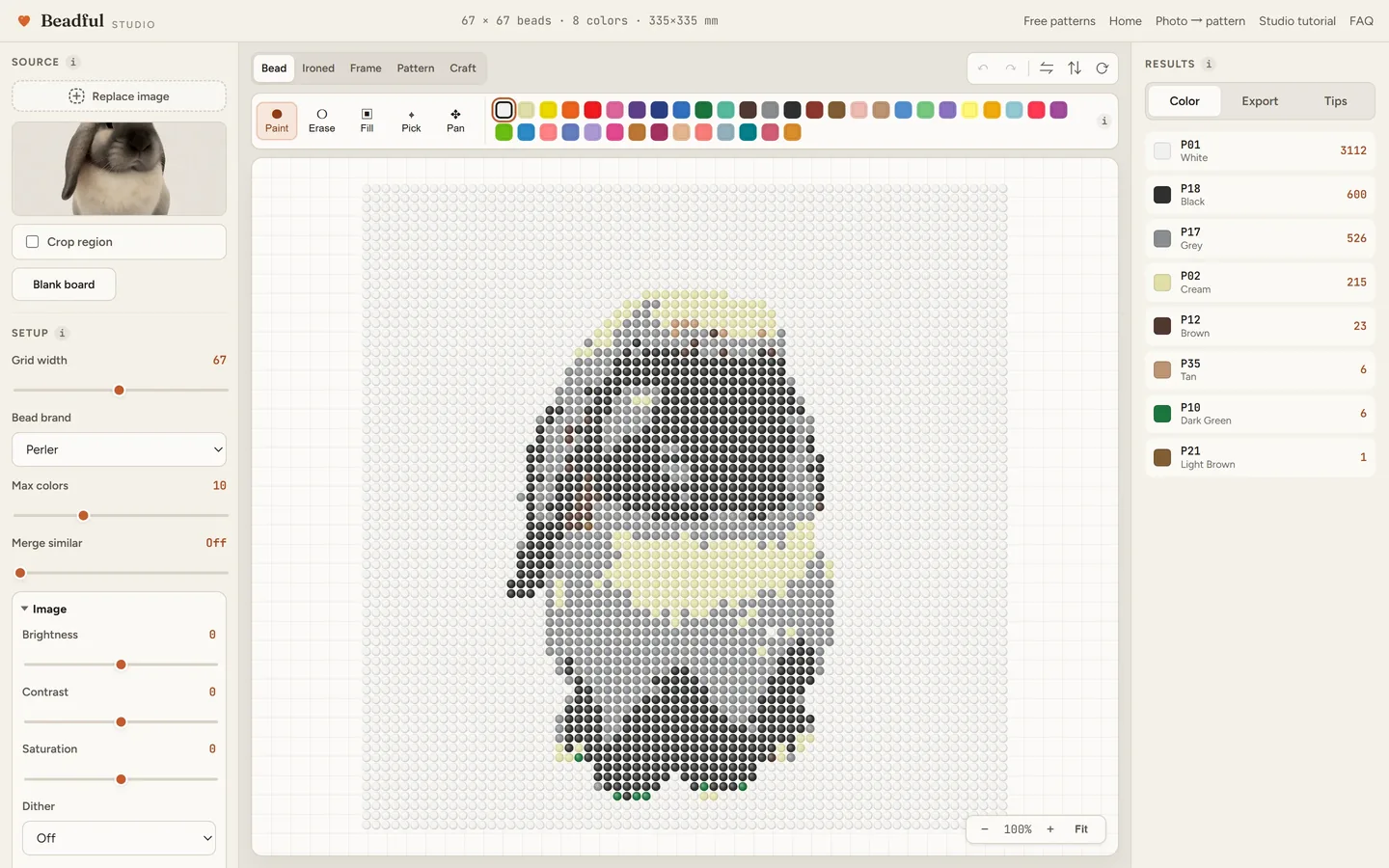 The Beadful Studio bead grid view showing the lop rabbit pattern at 67 by 67, with the source photo and color panel visible