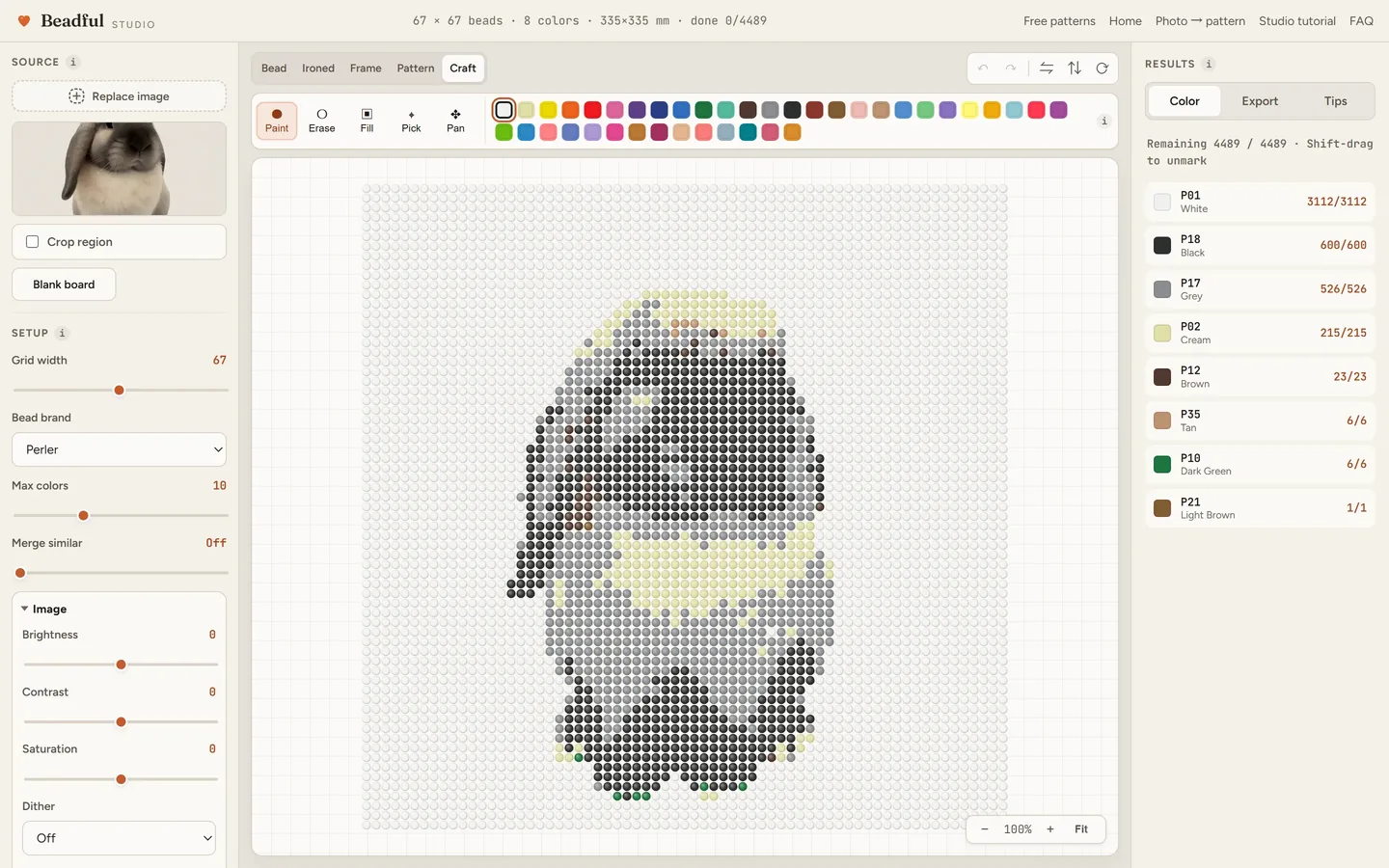 The Beadful Studio craft mode showing the lop rabbit pattern with check-off tracking as you place beads
