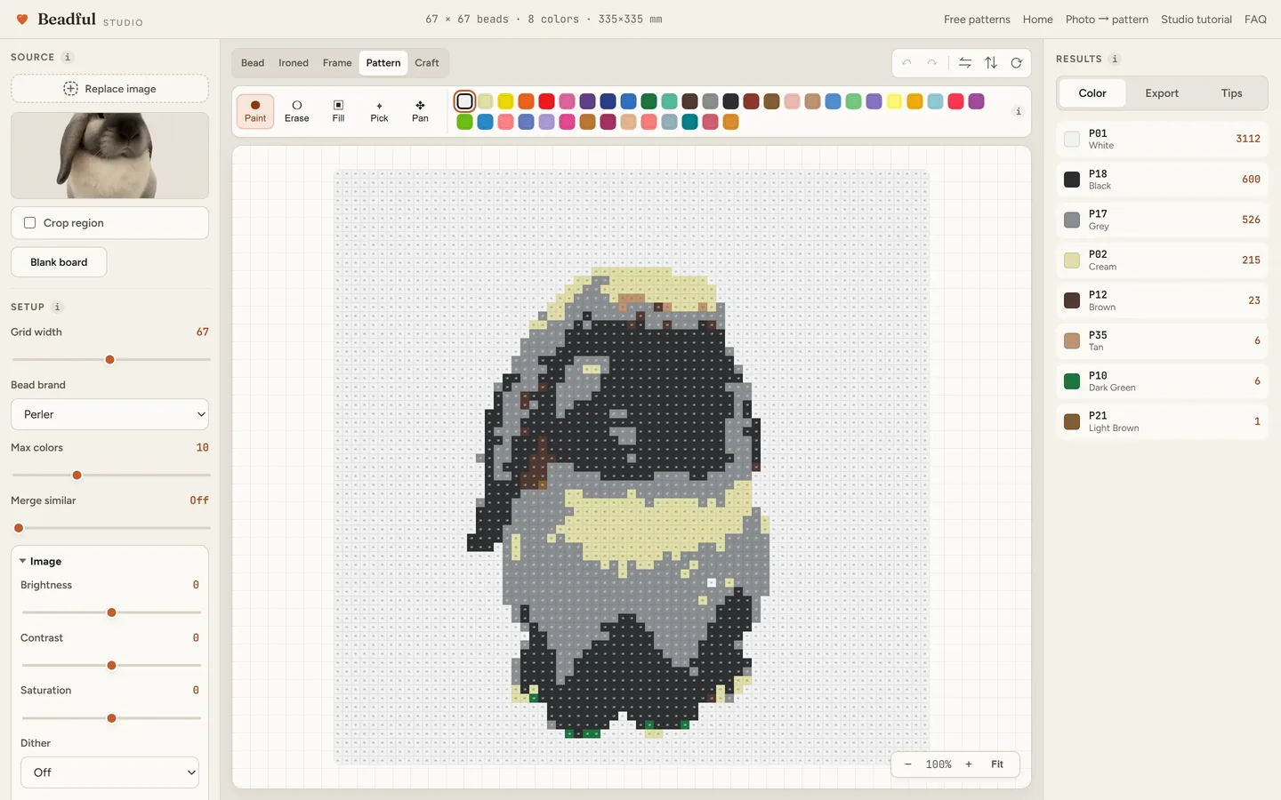 The Beadful Studio pattern chart view showing the lop rabbit chart with color codes in every cell