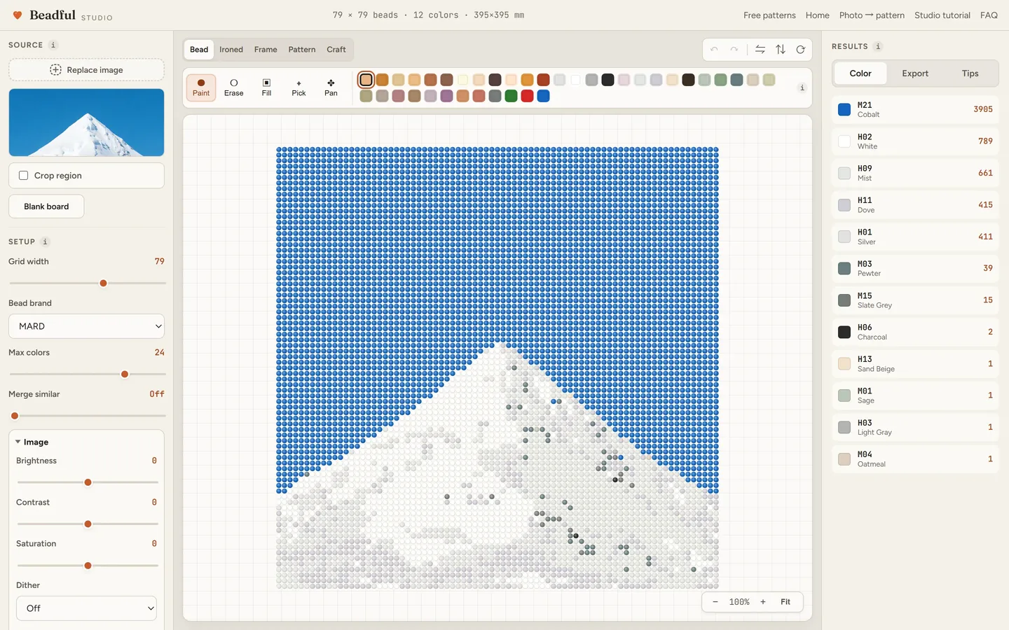 The Beadful Studio bead grid view showing the mountain peak pattern at 79 by 79, with the source photo and color panel visible