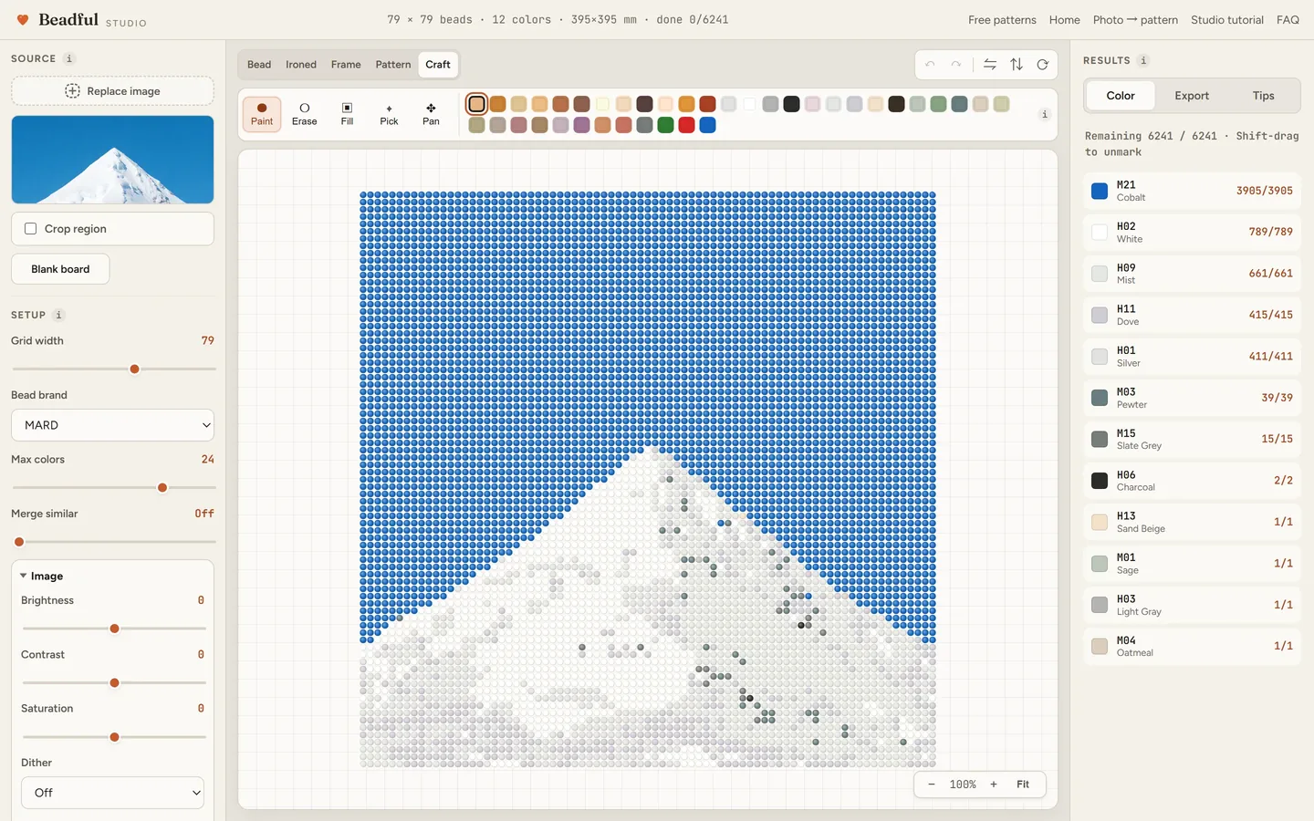 The Beadful Studio craft mode showing the mountain peak pattern with check-off tracking as you place beads