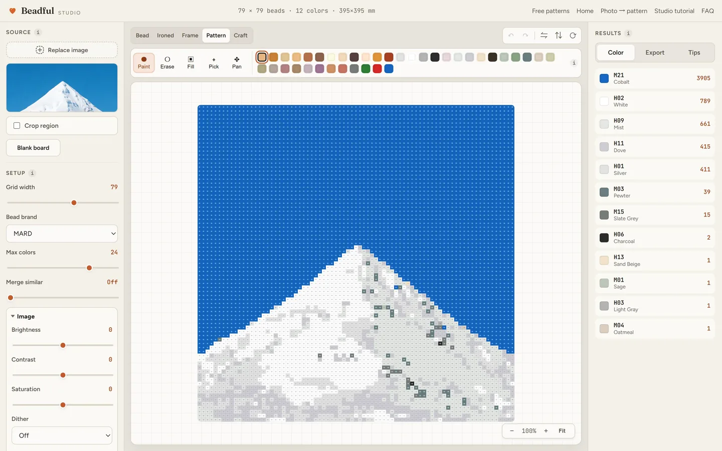 The Beadful Studio pattern chart view showing the mountain peak chart with color codes in every cell