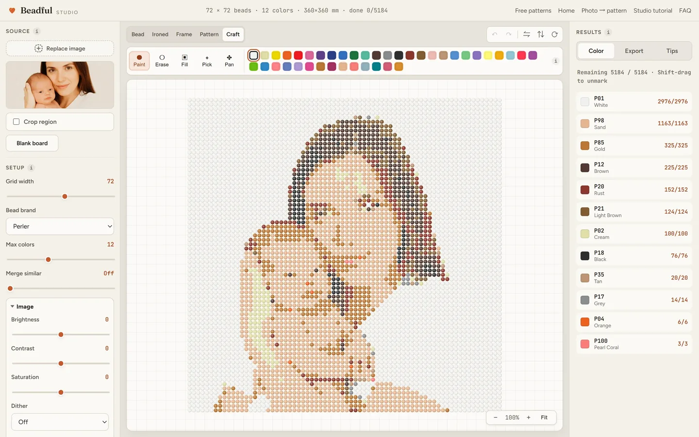 The Beadful Studio craft mode showing the newborn with parent pattern with check-off tracking as you place beads