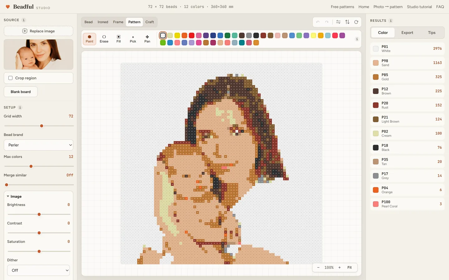 The Beadful Studio pattern chart view showing the newborn with parent chart with color codes in every cell