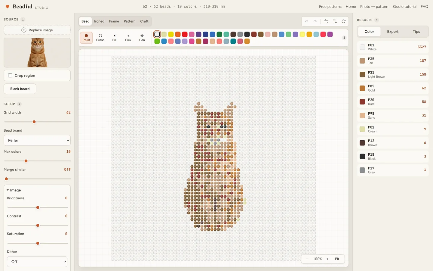 The Beadful Studio bead grid view showing the orange tabby pattern at 62 by 62, with the source photo and color panel visible