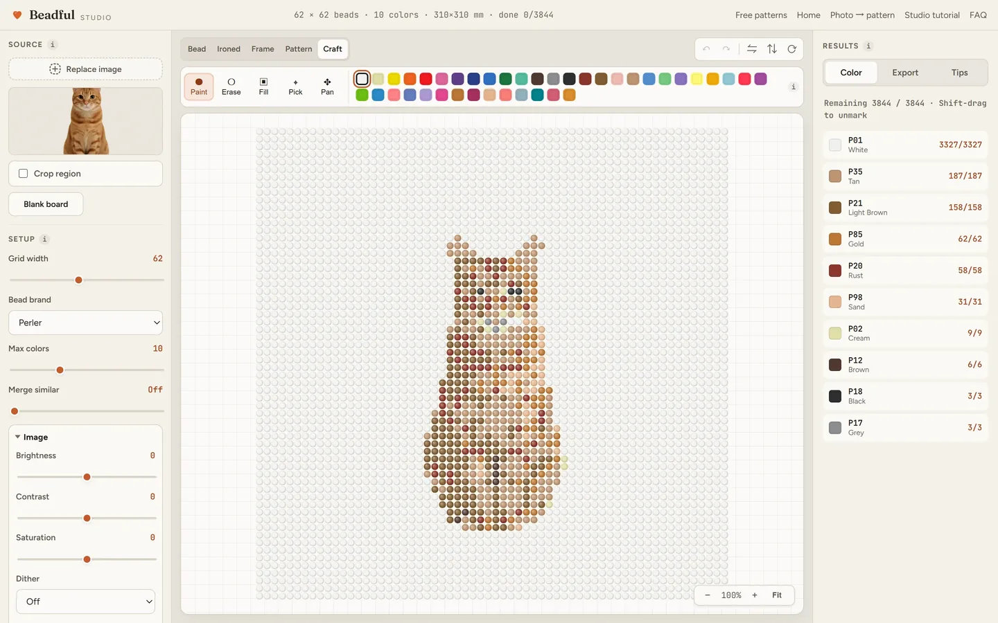 The Beadful Studio craft mode showing the orange tabby pattern with check-off tracking as you place beads