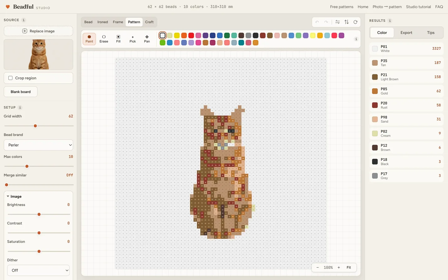 The Beadful Studio pattern chart view showing the orange tabby chart with color codes in every cell