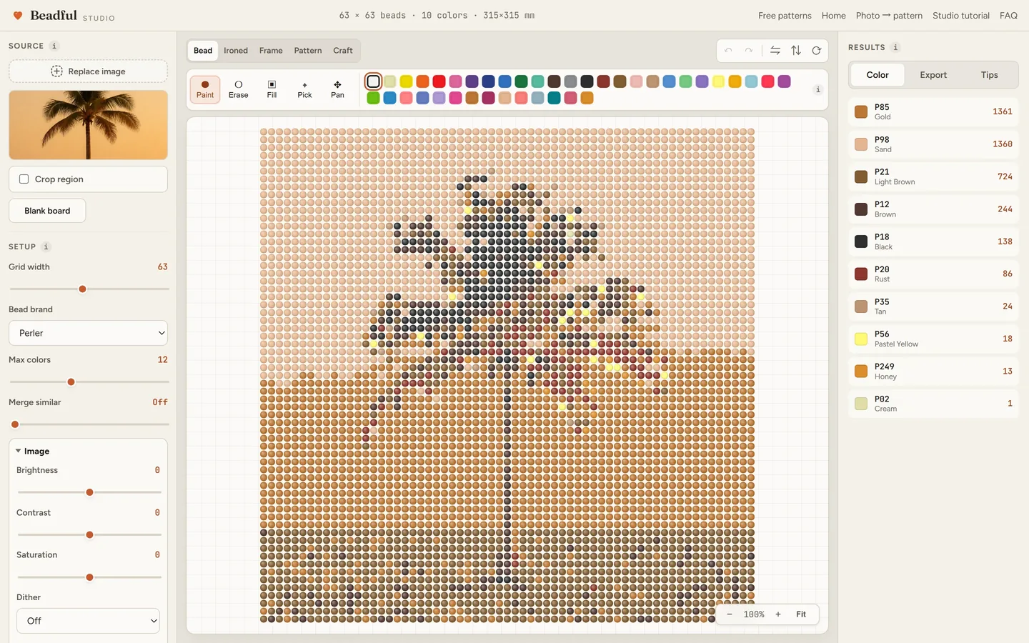 The Beadful Studio bead grid view showing the palm beach pattern at 63 by 63, with the source photo and color panel visible