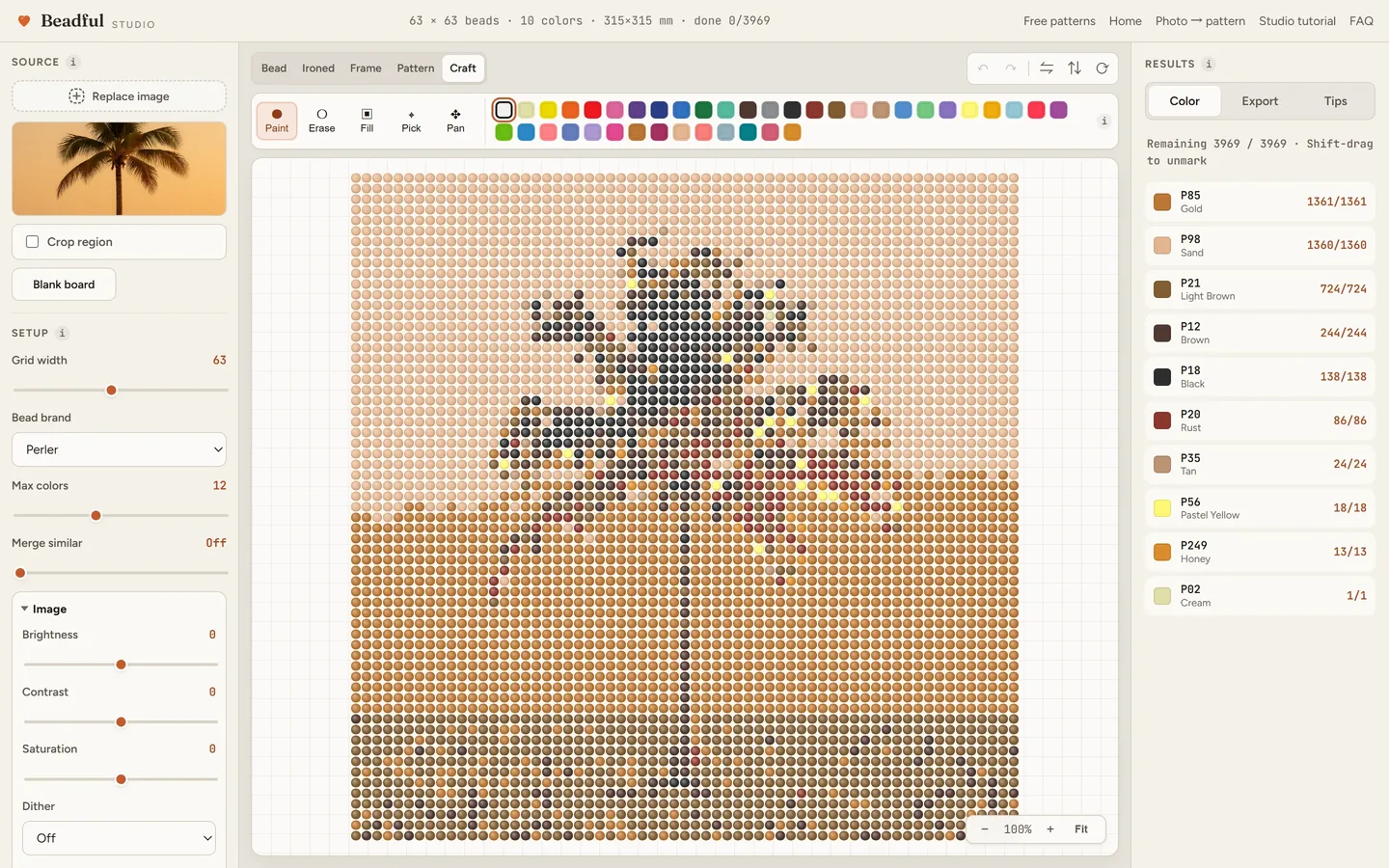The Beadful Studio craft mode showing the palm beach pattern with check-off tracking as you place beads