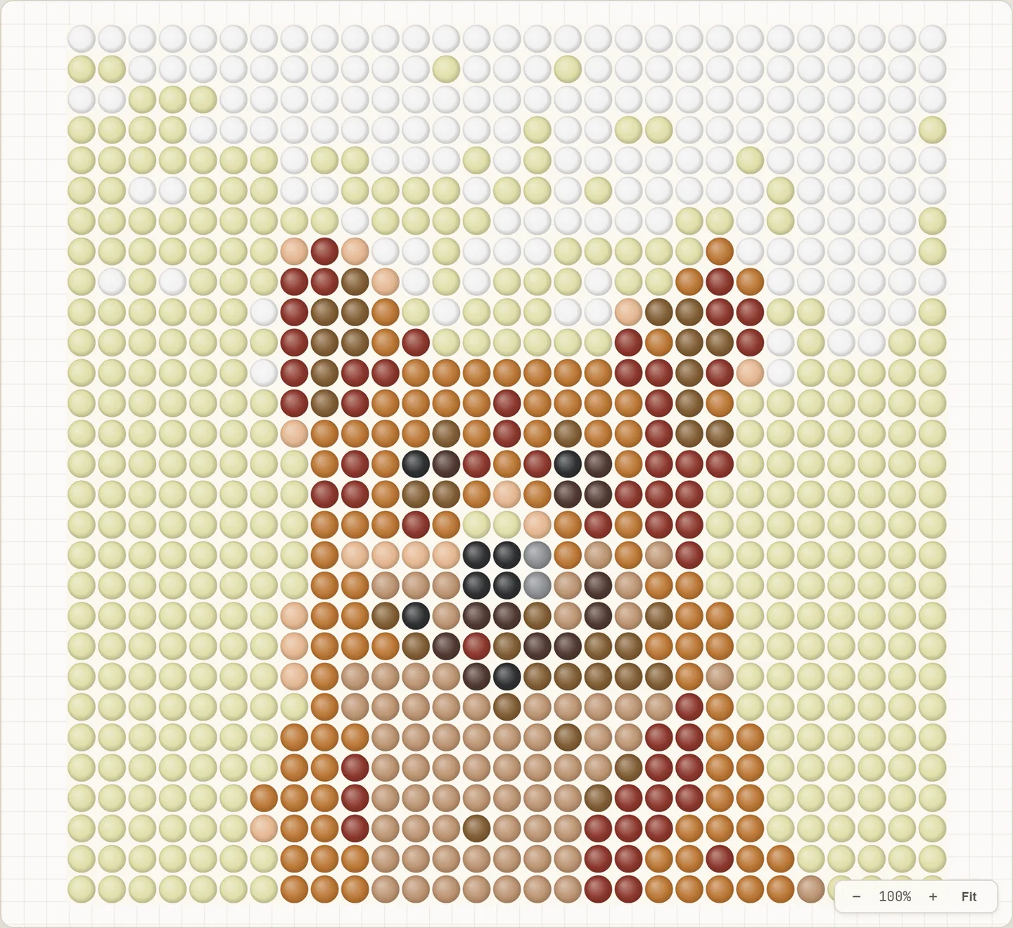 A corgi photo converted into a 29 by 29 grid of colored fuse beads in the Beadful Studio canvas