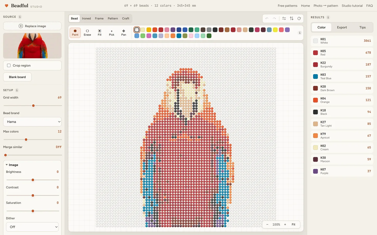 The Beadful Studio bead grid view showing the scarlet macaw pattern at 69 by 69, with the source photo and color panel visible