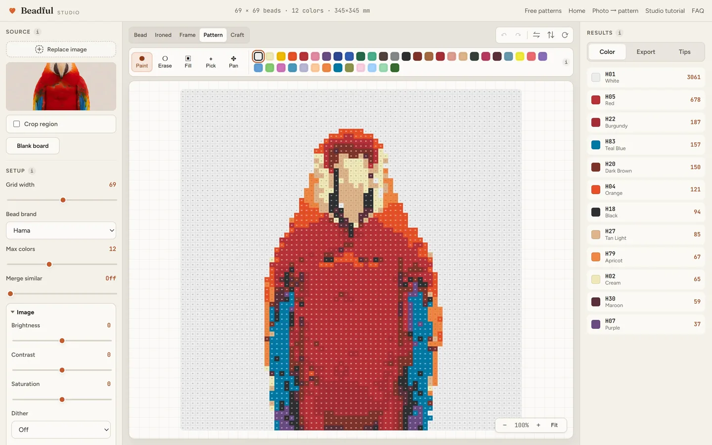 The Beadful Studio pattern chart view showing the scarlet macaw chart with color codes in every cell