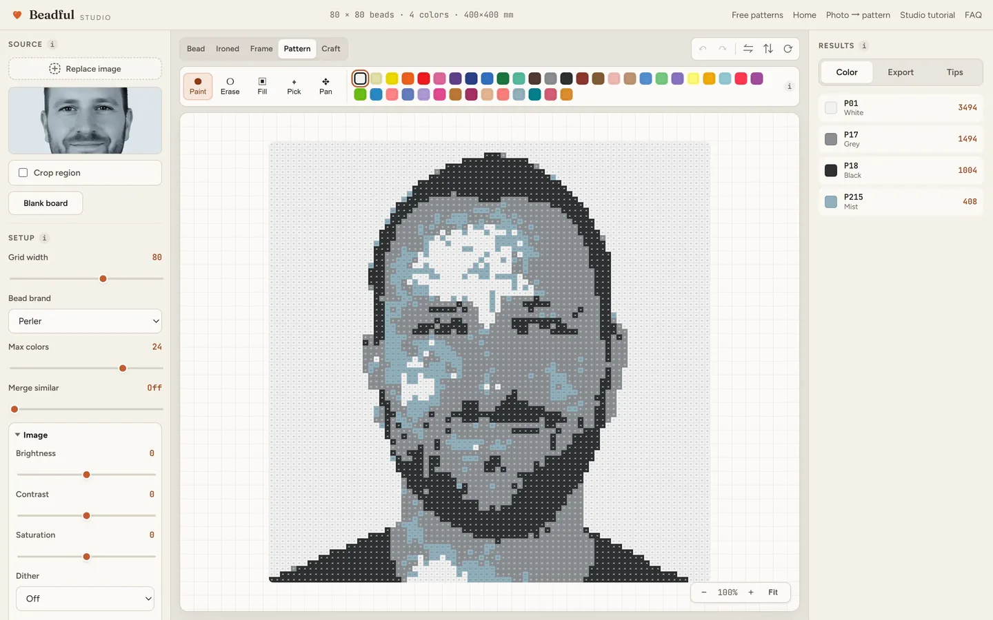 The Beadful Studio pattern chart view showing the selfie one chart with color codes in every cell
