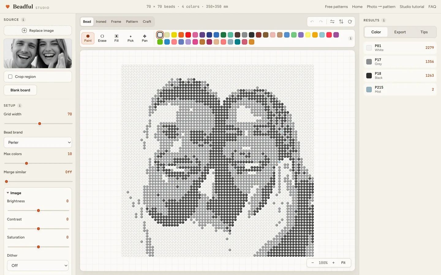The Beadful Studio bead grid view showing the selfie two pattern at 70 by 70, with the source photo and color panel visible